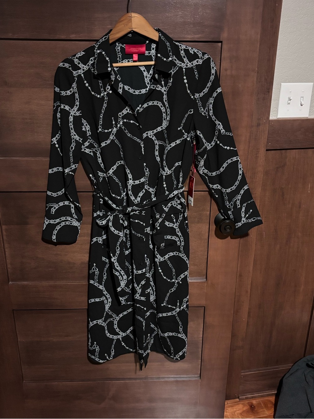 Jennifer Lopez Black Shirt Dress with White Chain Print and Tie Waist